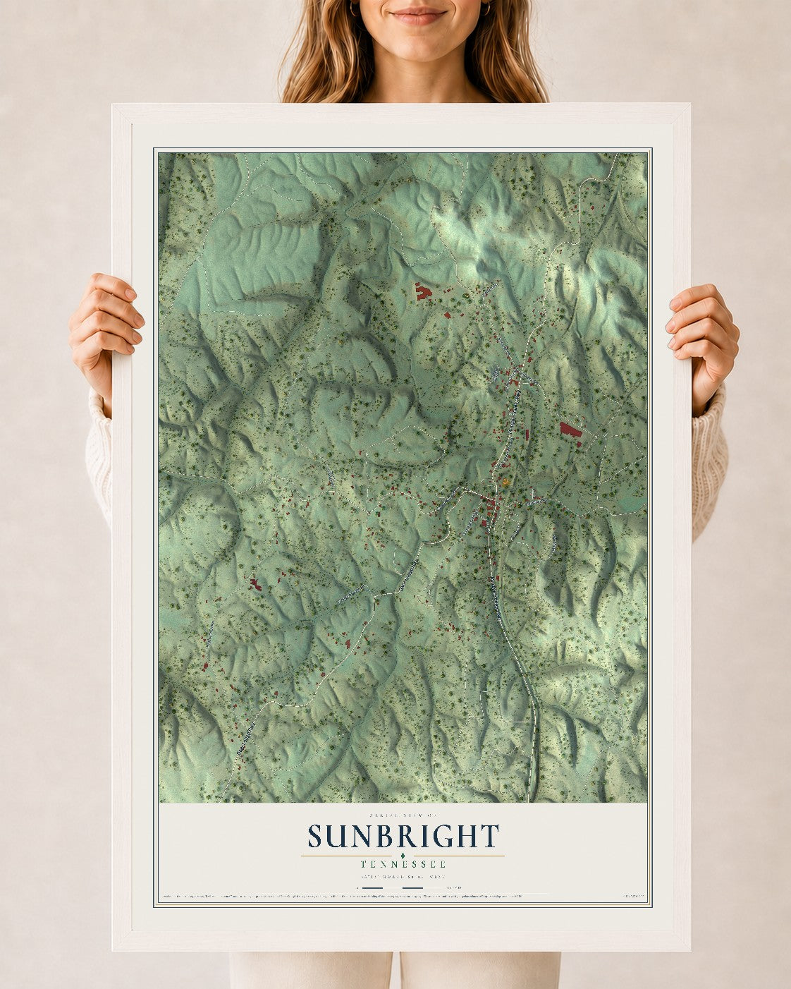 Map of Sunbright, Tennessee, 24 x 36 inch print in a white wood frame