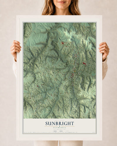Map of Sunbright, Tennessee, 24 x 36 inch print in a white wood frame