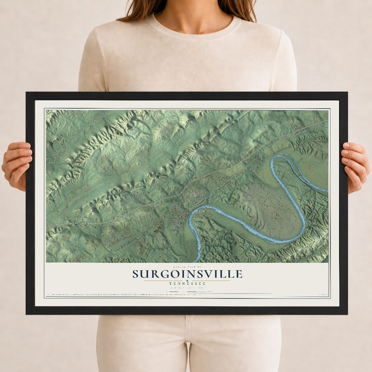 Map of Surgoinsville, Tennessee, 12 x 18 inch print in a black wood frame