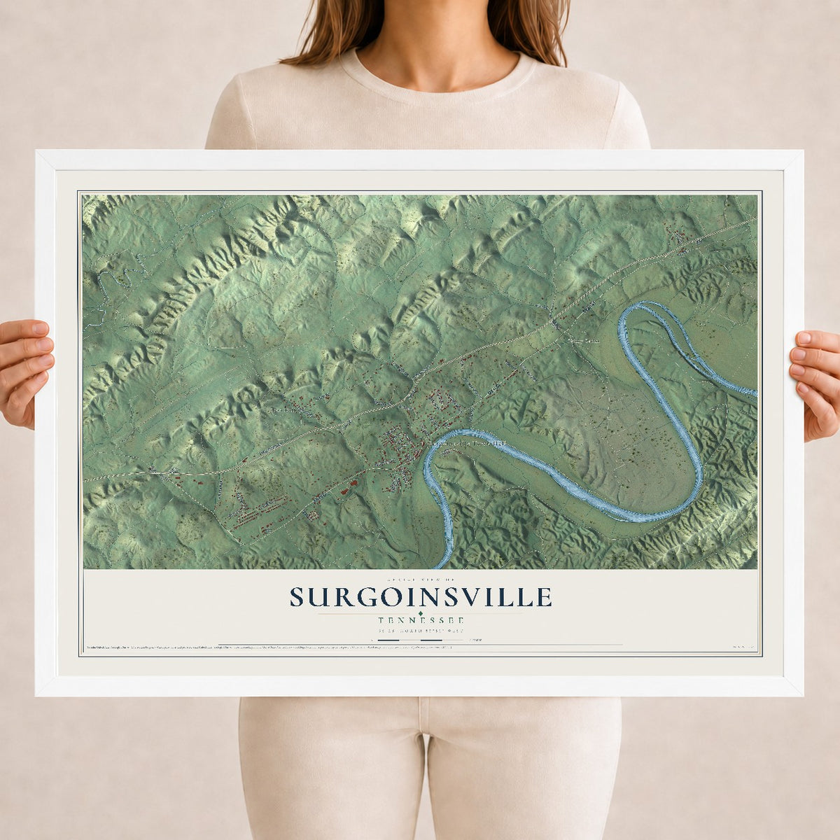 Map of Surgoinsville, Tennessee, 18 x 24 inch print in a white wood frame