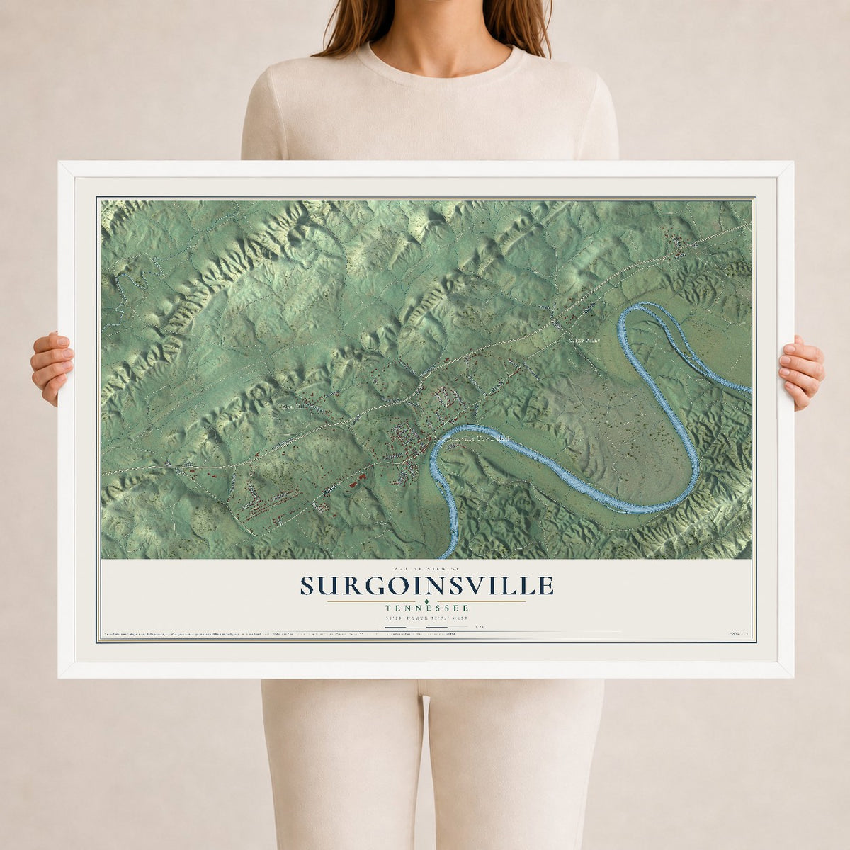 Map of Surgoinsville, Tennessee, 24 x 36 inch print in a white wood frame