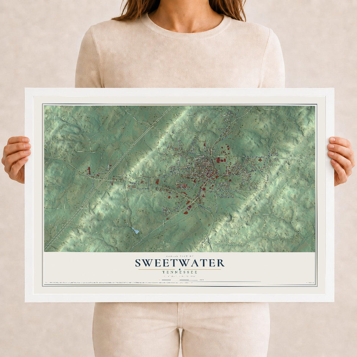 Map of Sweetwater, Tennessee, 12 x 18 inch print in a white wood frame