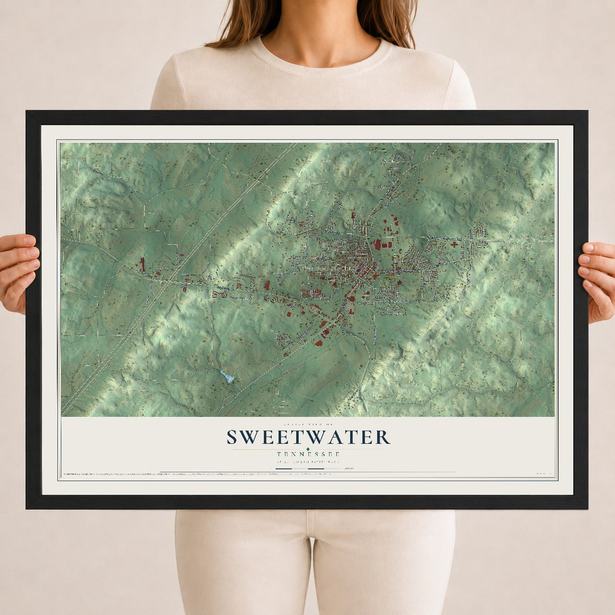 Map of Sweetwater, Tennessee, 18 x 24 inch print in a black wood frame