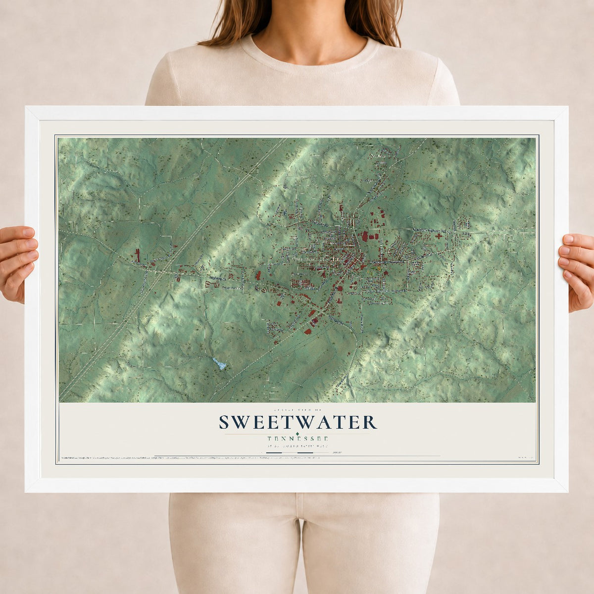 Map of Sweetwater, Tennessee, 18 x 24 inch print in a white wood frame