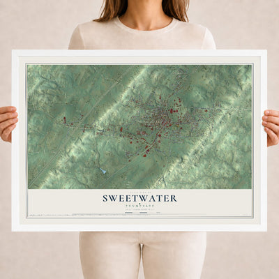 Map of Sweetwater, Tennessee, 18 x 24 inch print in a white wood frame
