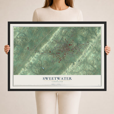 Map of Sweetwater, Tennessee, 24 x 36 inch print in a black wood frame