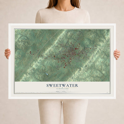 Map of Sweetwater, Tennessee, 24 x 36 inch print in a white wood frame