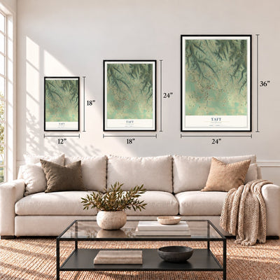 Taft, Tennessee map in 12 x 18, 18 x 24 and 24 x 36 inch sizes above a sofa