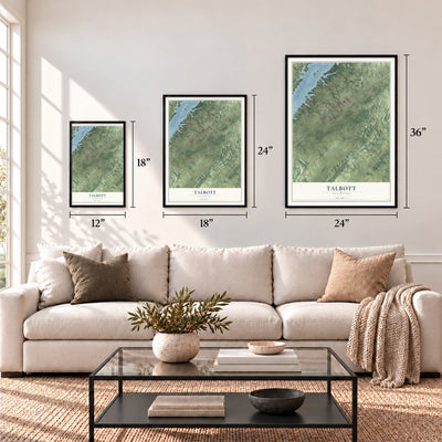 Talbott, Tennessee map in 12 x 18, 18 x 24 and 24 x 36 inch sizes above a sofa
