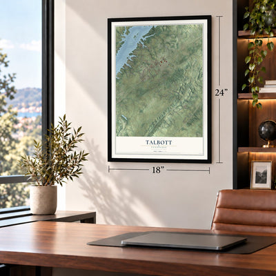 Talbott, Tennessee map, 18 x 24 inch print in a black frame in a home office
