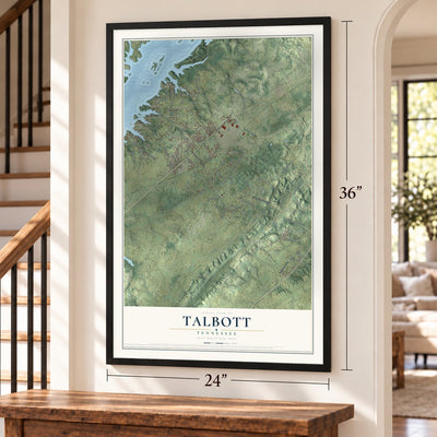 Talbott, Tennessee map, 24 x 36 inch print in a black frame by a staircase