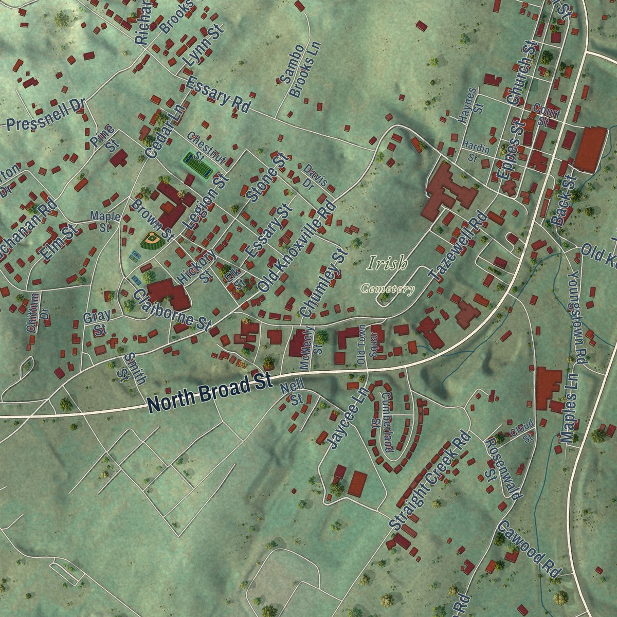 Close-up of the map of Tazewell, Tennessee print showing street and building detail