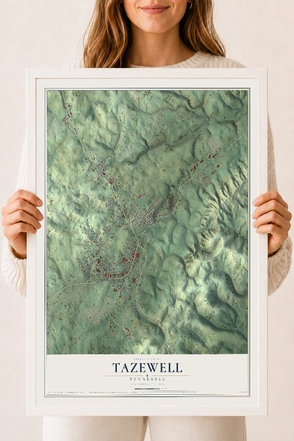 Map of Tazewell, Tennessee, 18 x 24 inch print in a white wood frame