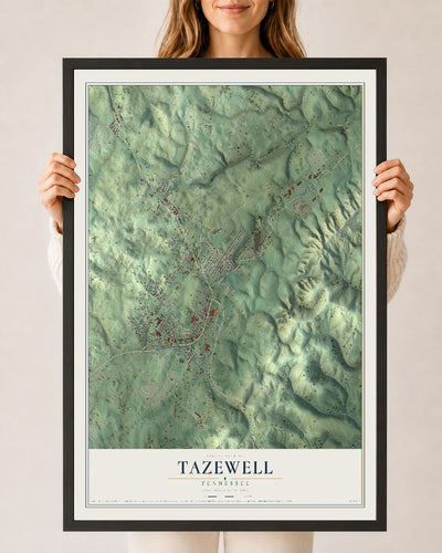 Map of Tazewell, Tennessee, 24 x 36 inch print in a black wood frame