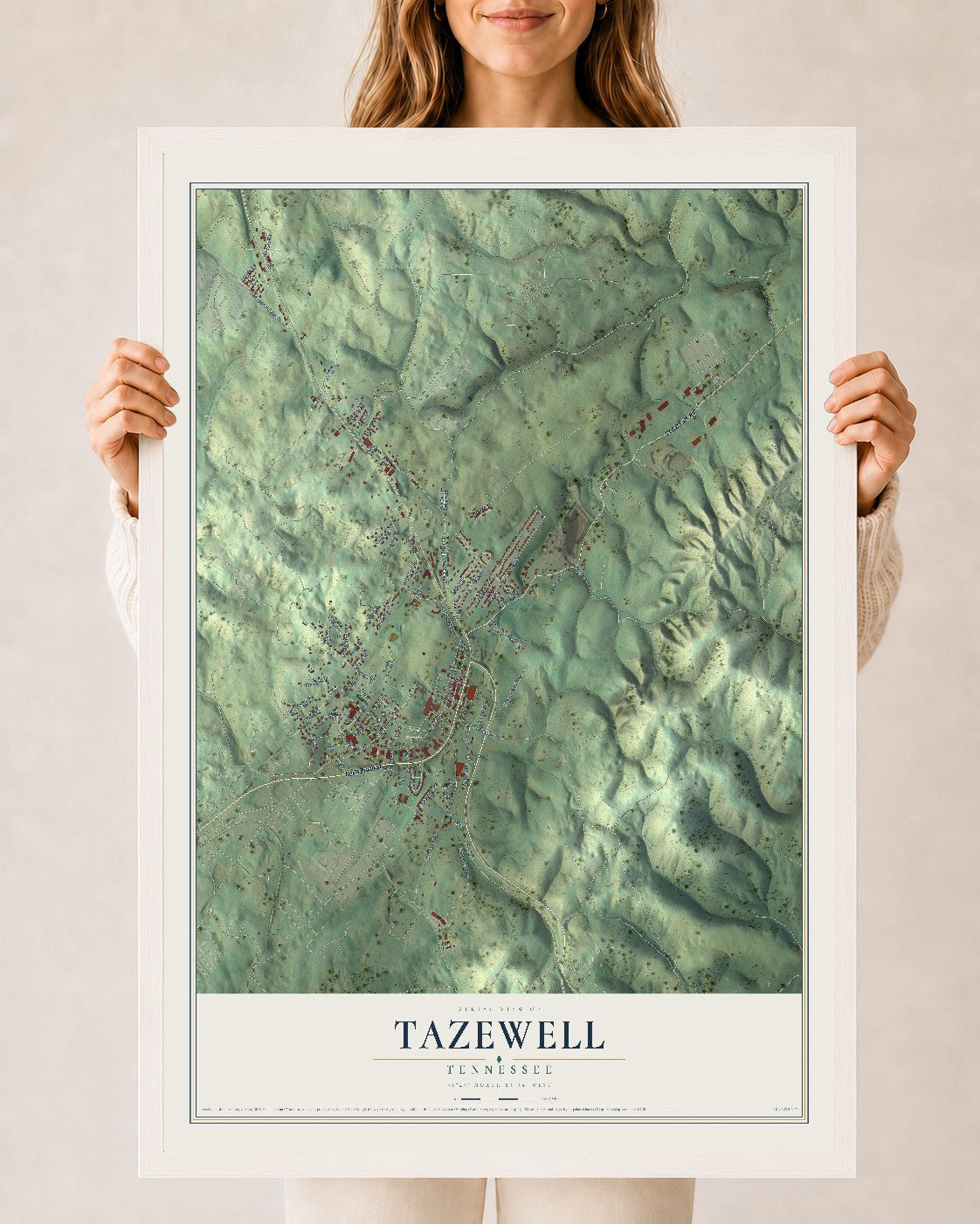 Map of Tazewell, Tennessee, 24 x 36 inch print in a white wood frame