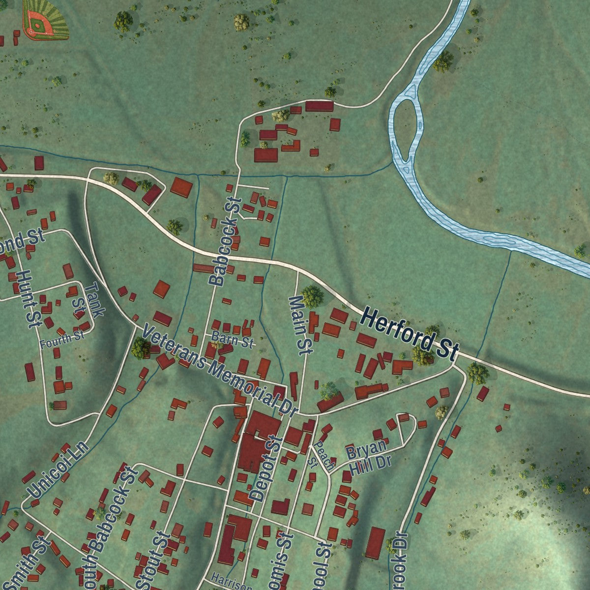 Close-up of the map of Tellico Plains, Tennessee print showing street and building detail
