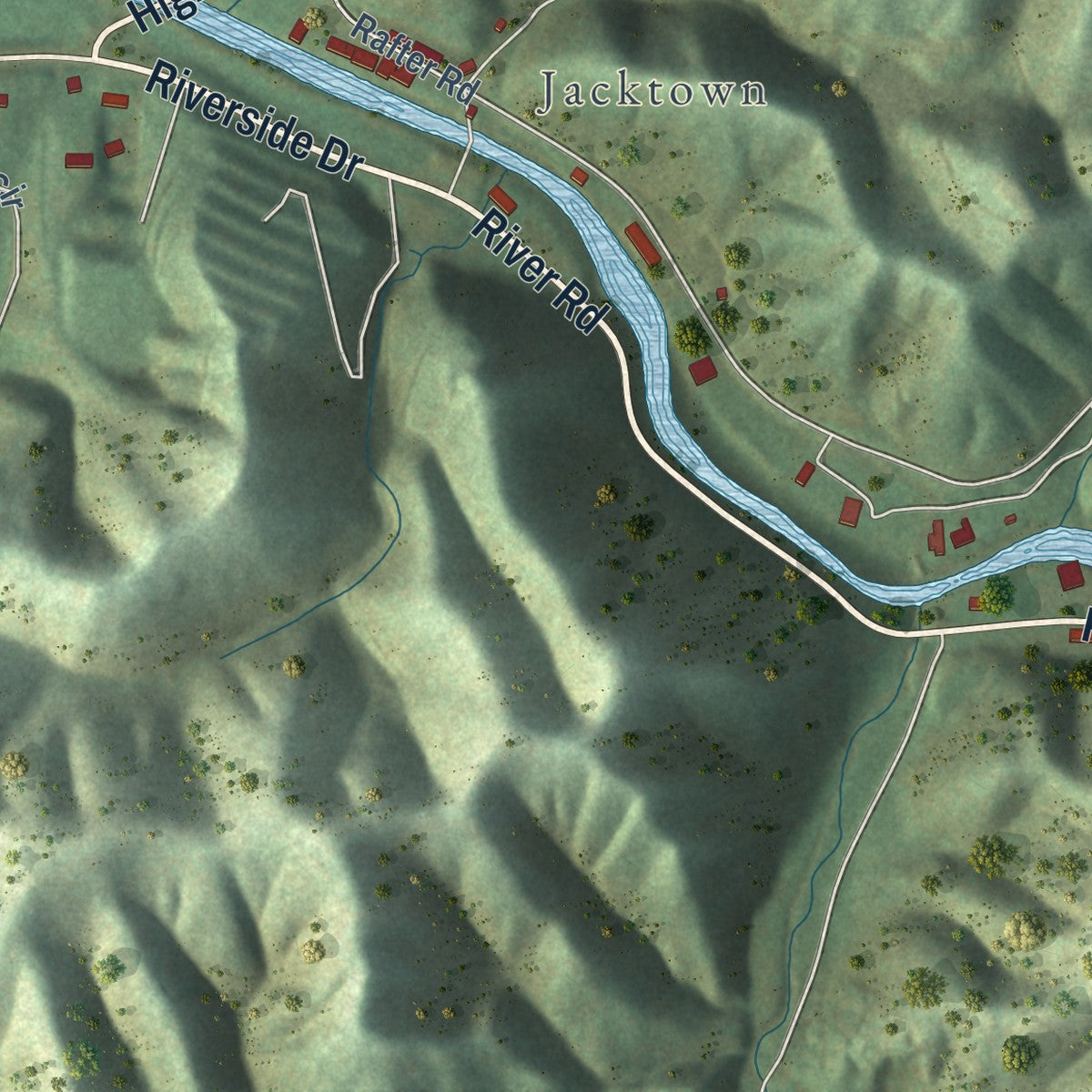 Second close-up of the map of Tellico Plains, Tennessee print showing more streets and buildings