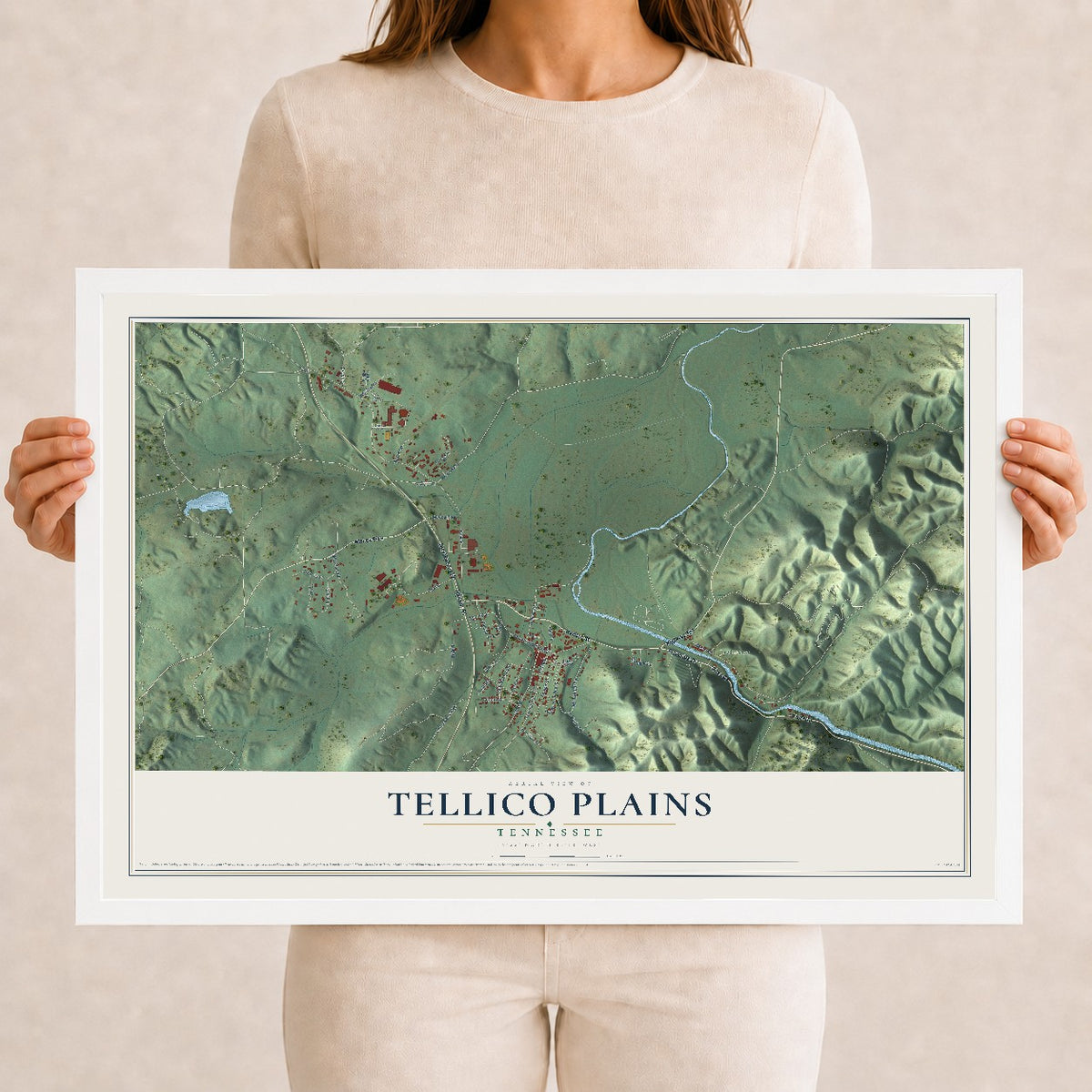 Map of Tellico Plains, Tennessee, 12 x 18 inch print in a white wood frame