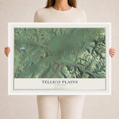 Map of Tellico Plains, Tennessee, 24 x 36 inch print in a white wood frame