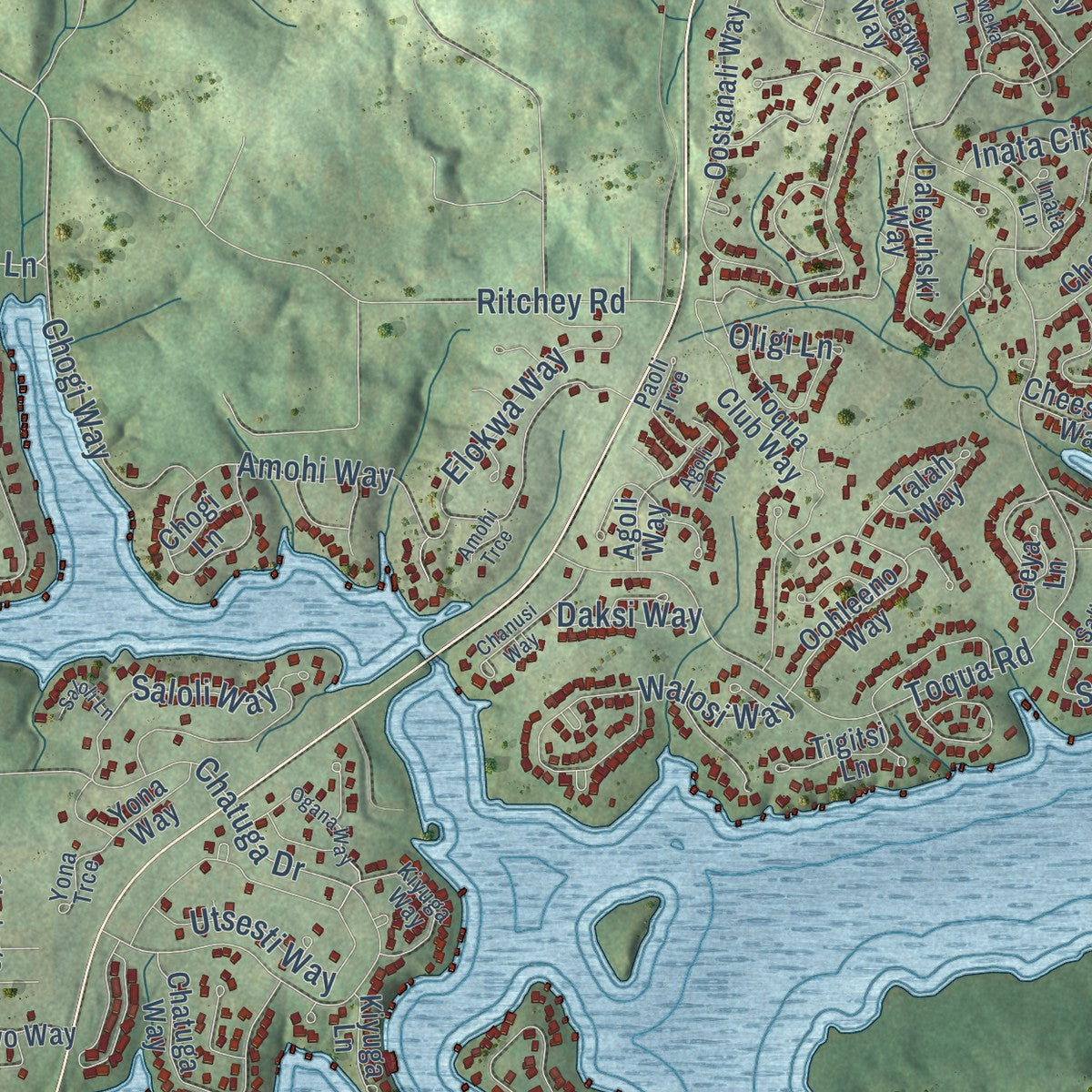 Close-up of the map of Tellico Village, Tennessee print showing street and building detail