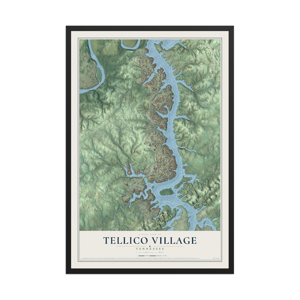 Map of Tellico Village, Tennessee, 12 x 18 inch print in a black wood frame