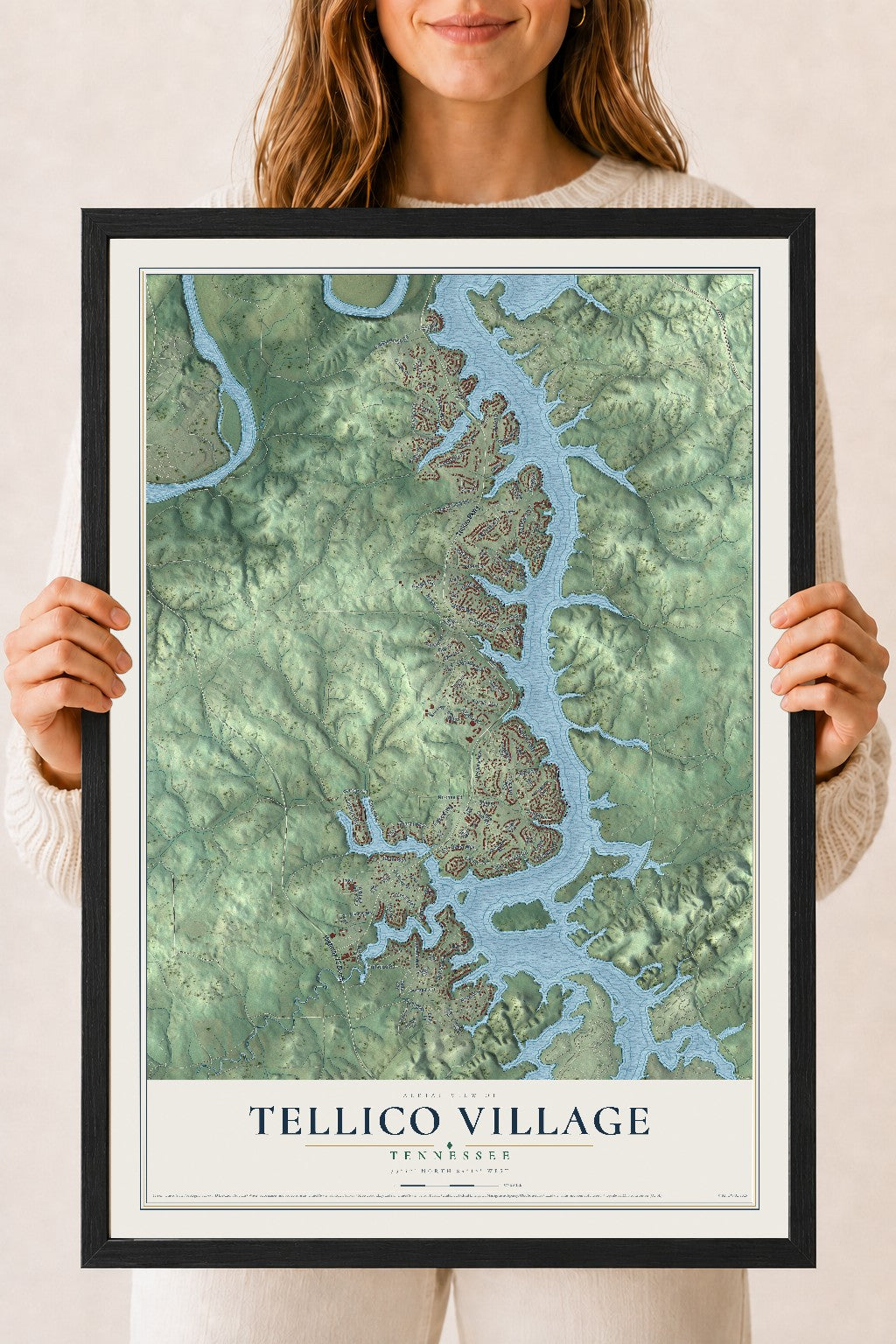 Map of Tellico Village, Tennessee, 18 x 24 inch print in a black wood frame