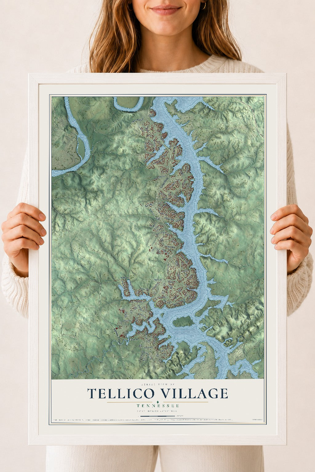 Map of Tellico Village, Tennessee, 18 x 24 inch print in a white wood frame