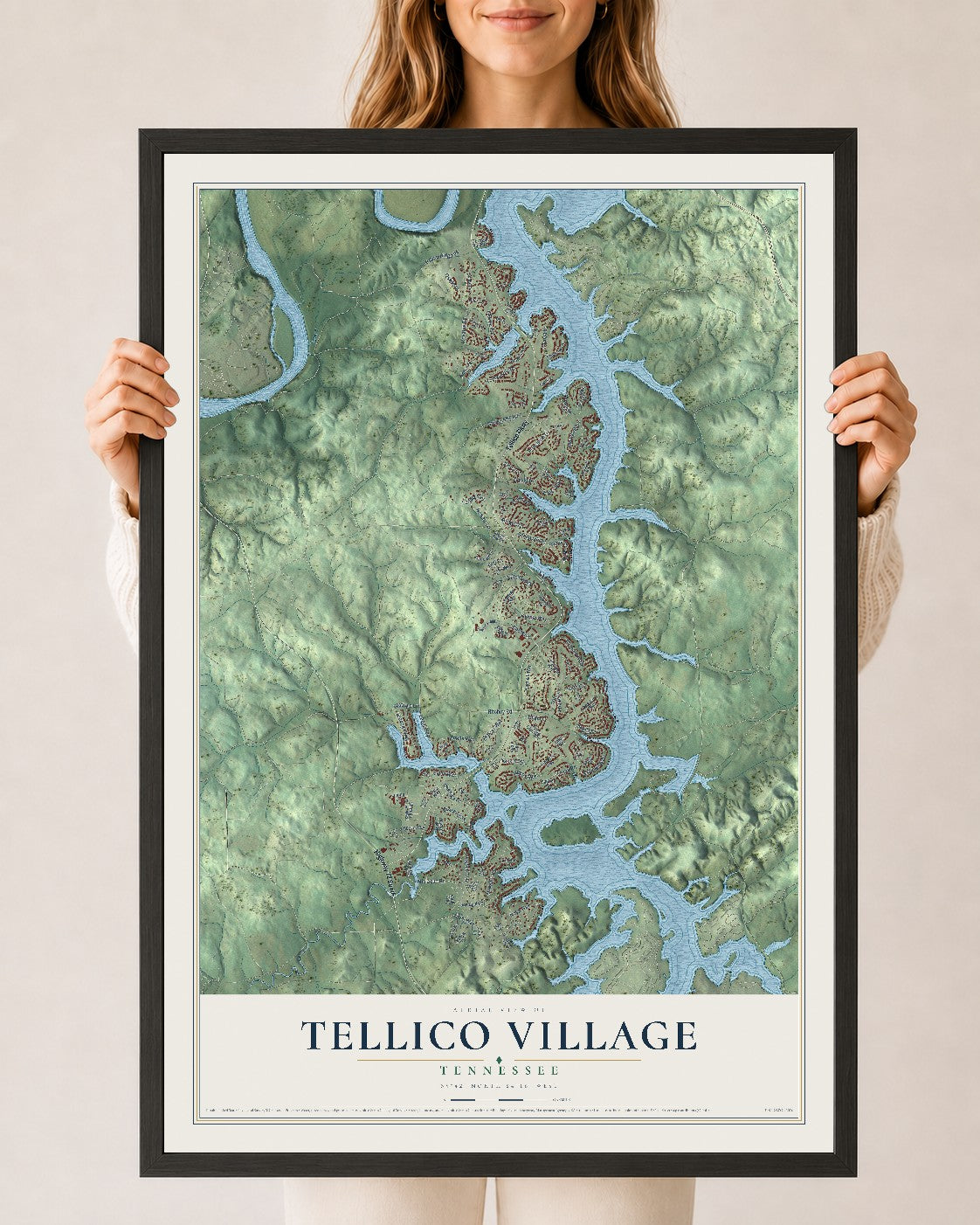 Map of Tellico Village, Tennessee, 24 x 36 inch print in a black wood frame