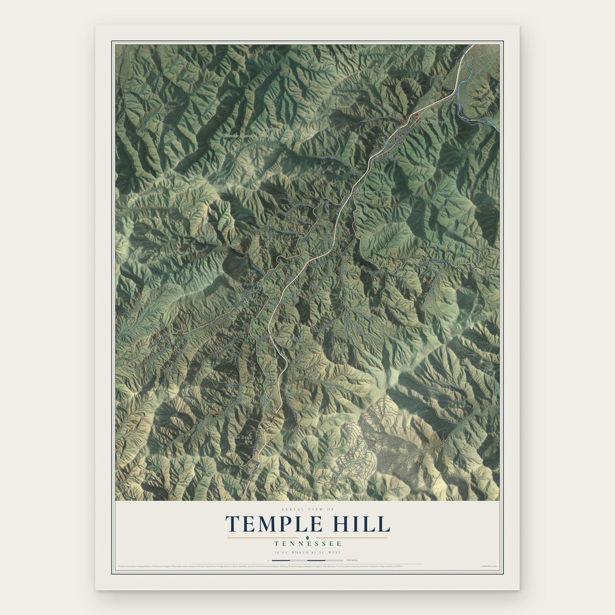 Temple Hill, Tennessee map print, the full design