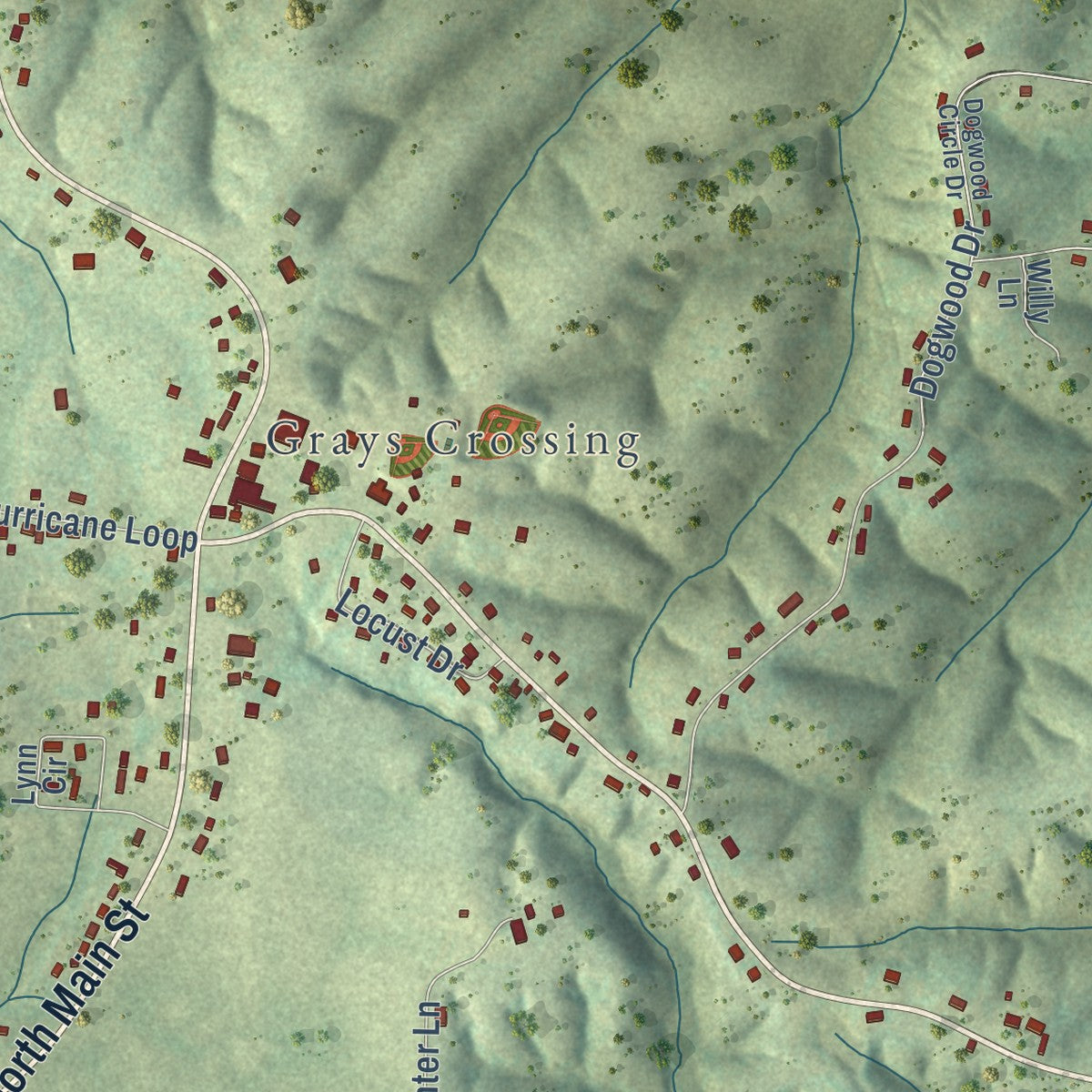 Second close-up of the map of Tennessee Ridge, Tennessee print showing more streets and buildings