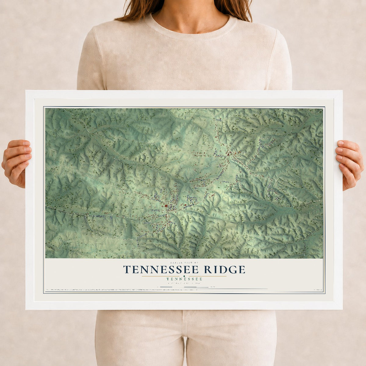 Map of Tennessee Ridge, Tennessee, 12 x 18 inch print in a white wood frame