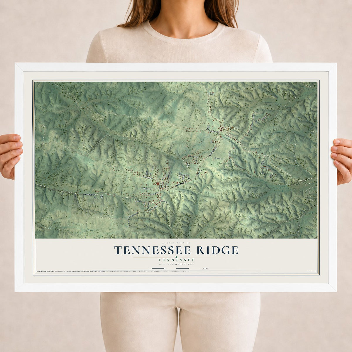 Map of Tennessee Ridge, Tennessee, 18 x 24 inch print in a white wood frame
