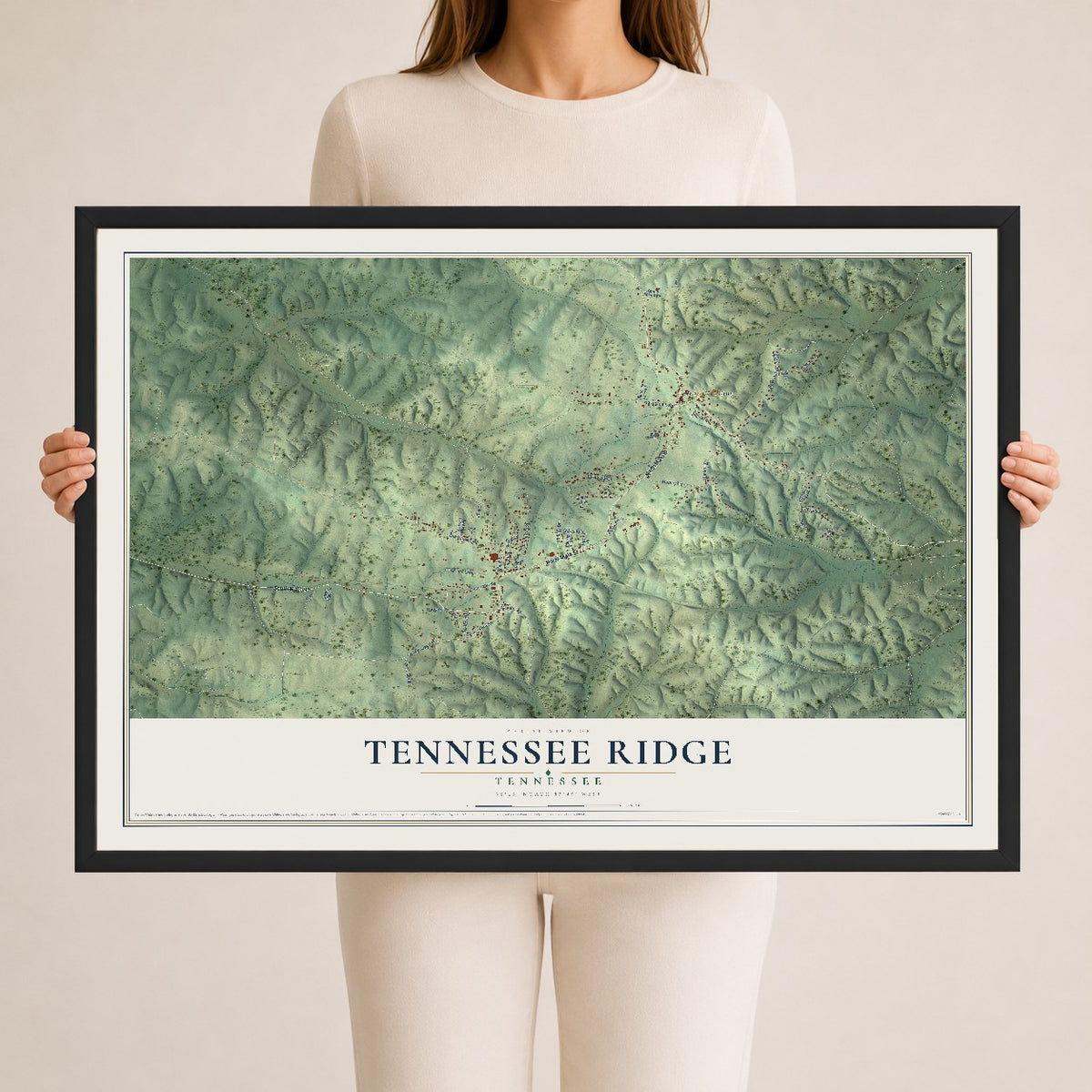 Map of Tennessee Ridge, Tennessee, 24 x 36 inch print in a black wood frame