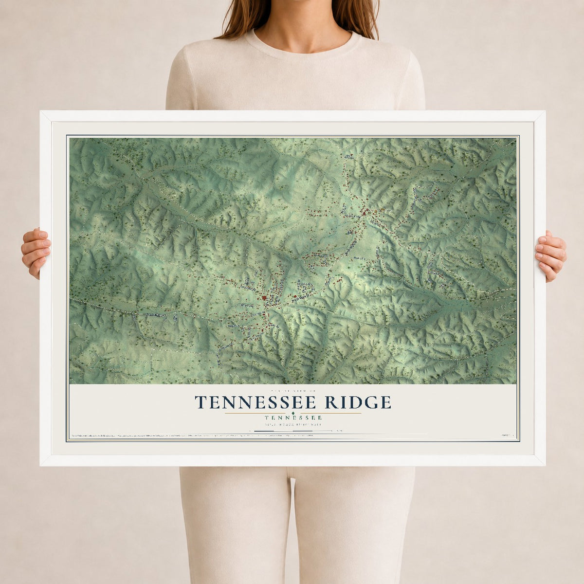Map of Tennessee Ridge, Tennessee, 24 x 36 inch print in a white wood frame