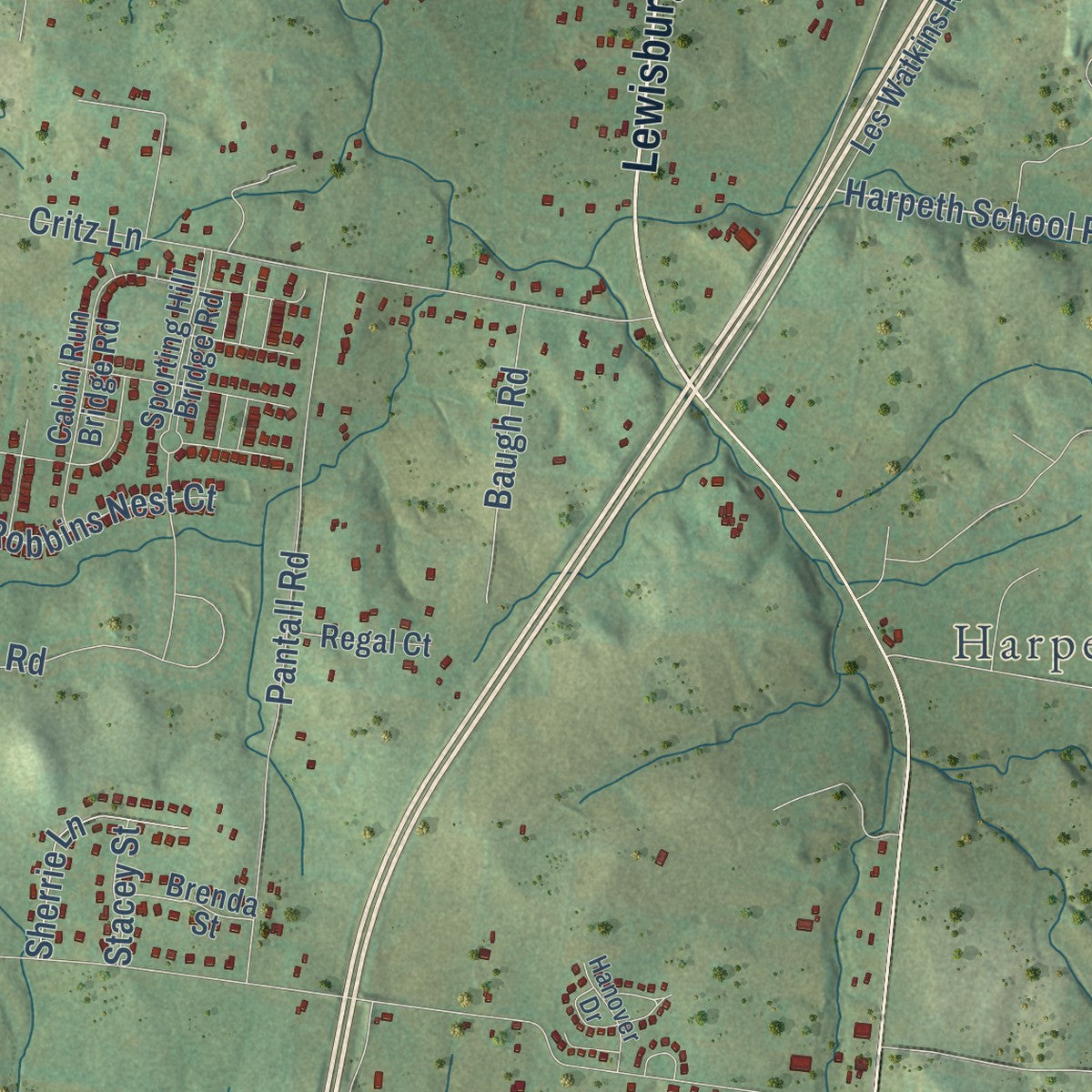 Close-up of the map of Thompson's Station, Tennessee print showing street and building detail