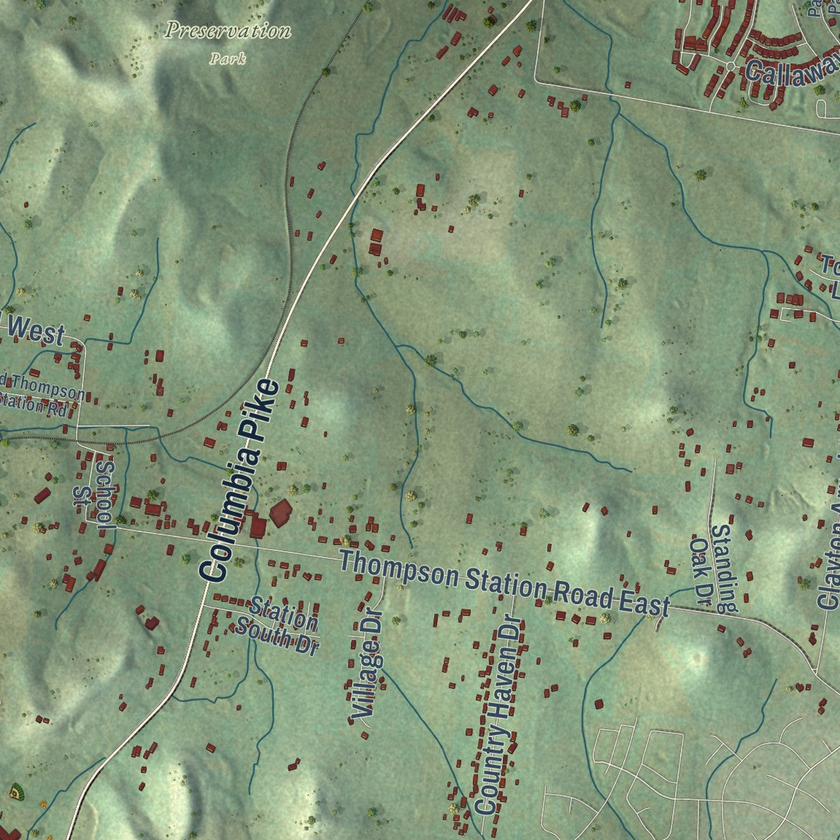 Second close-up of the map of Thompson's Station, Tennessee print showing more streets and buildings