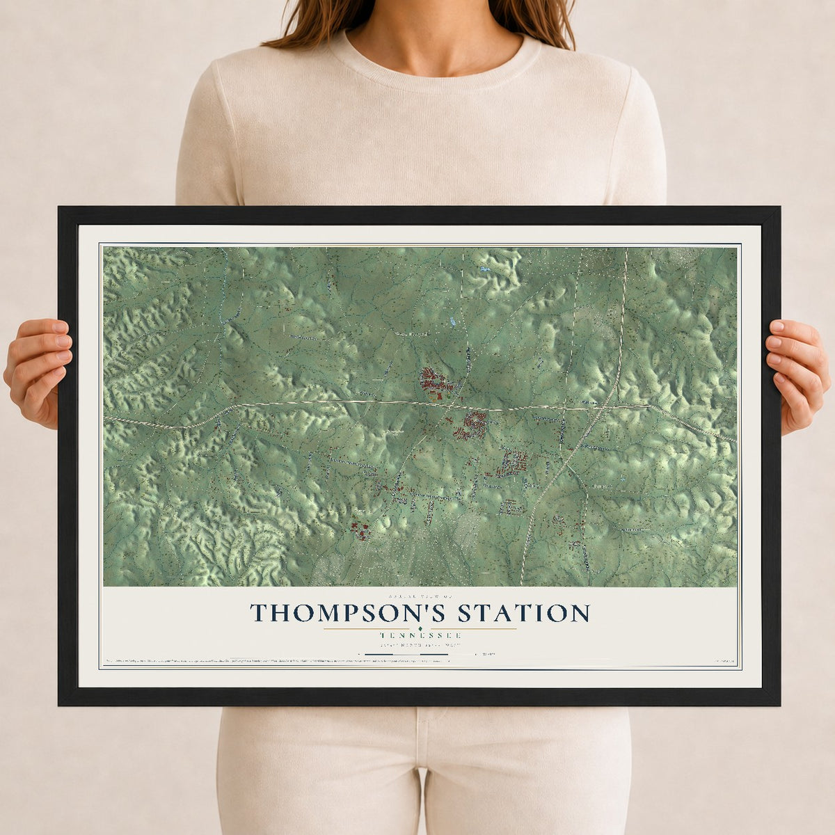 Map of Thompson's Station, Tennessee, 12 x 18 inch print in a black wood frame