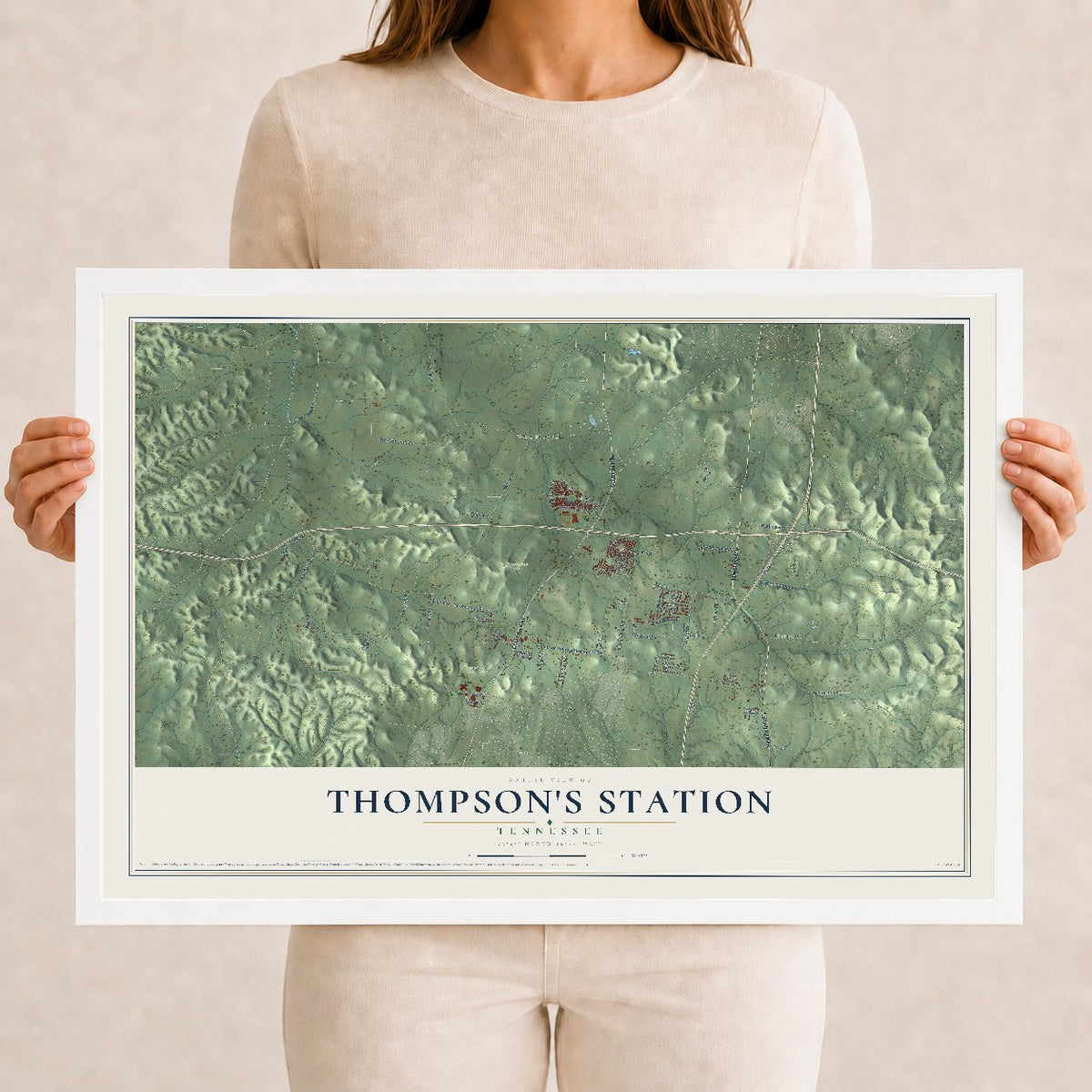 Map of Thompson's Station, Tennessee, 12 x 18 inch print in a white wood frame