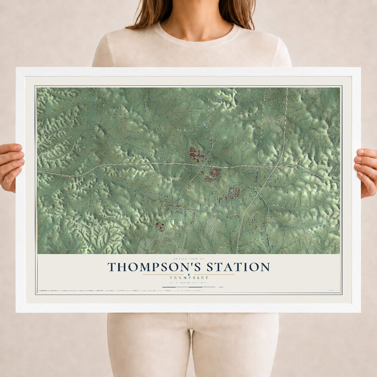Map of Thompson's Station, Tennessee, 18 x 24 inch print in a white wood frame
