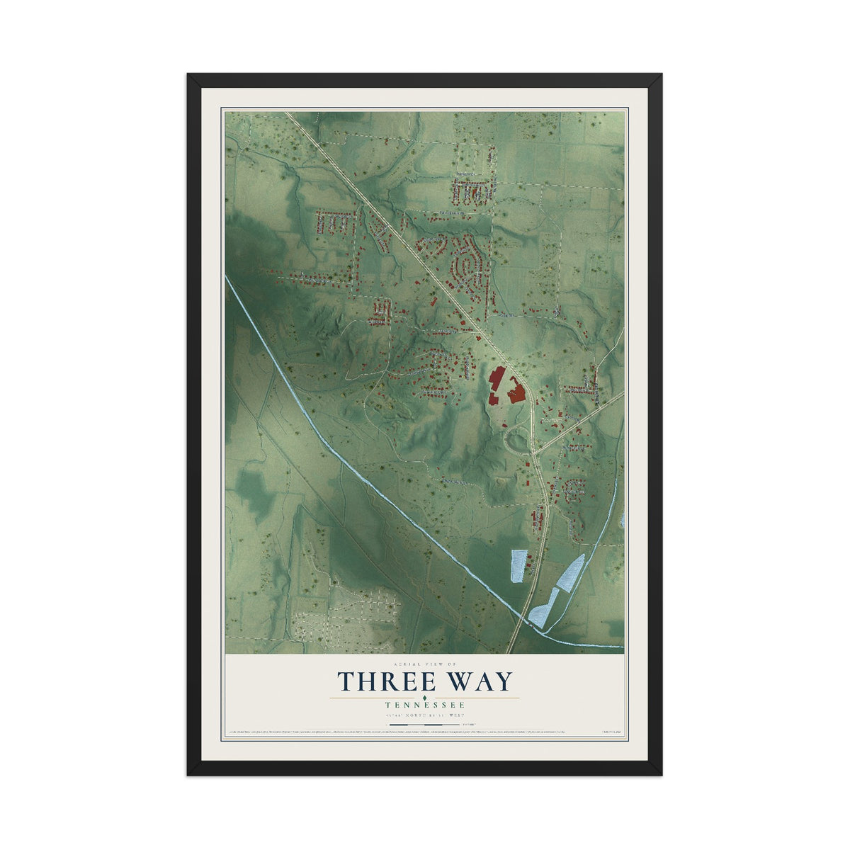 Map of Three Way, Tennessee, 12 x 18 inch print in a black wood frame