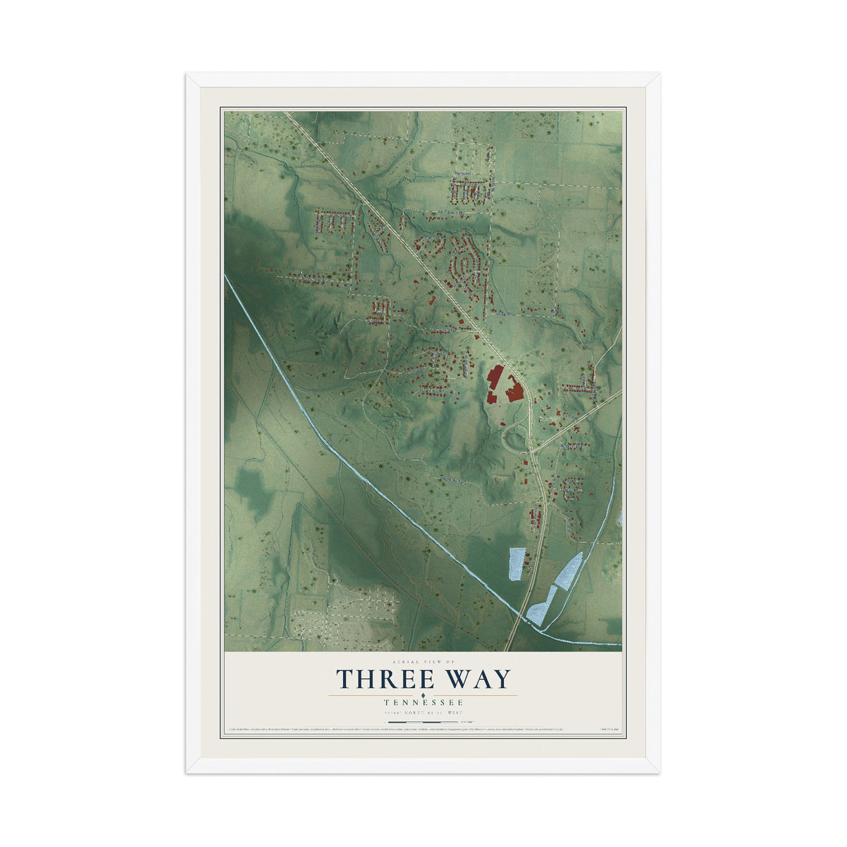 Map of Three Way, Tennessee, 12 x 18 inch print in a white wood frame