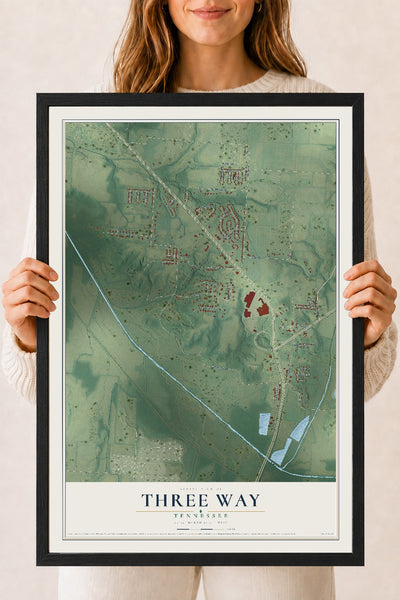 Map of Three Way, Tennessee, 18 x 24 inch print in a black wood frame