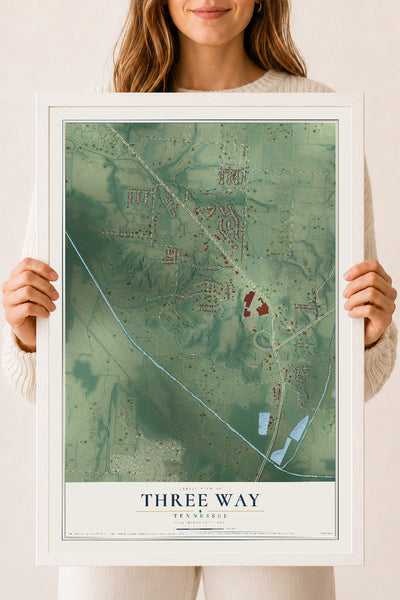 Map of Three Way, Tennessee, 18 x 24 inch print in a white wood frame