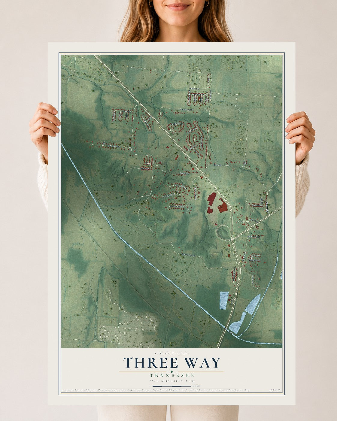 Map of Three Way, Tennessee, 24 x 36 inch unframed archival matte print