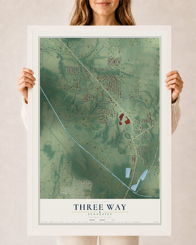 Map of Three Way, Tennessee, 24 x 36 inch print in a white wood frame