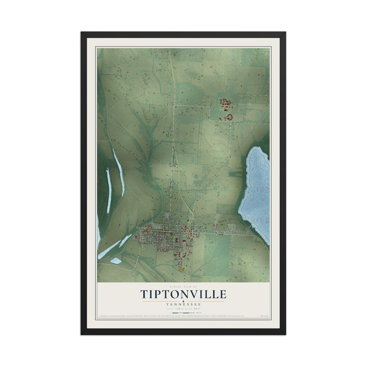 Map of Tiptonville, Tennessee, 12 x 18 inch print in a black wood frame