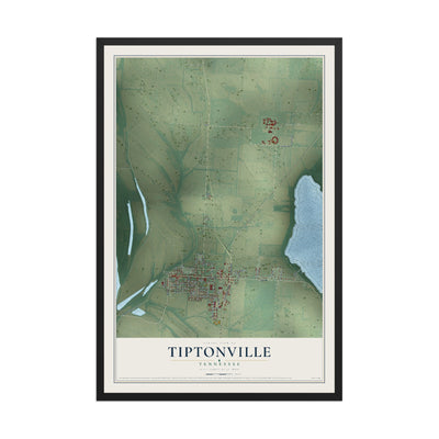 Map of Tiptonville, Tennessee, 12 x 18 inch print in a black wood frame