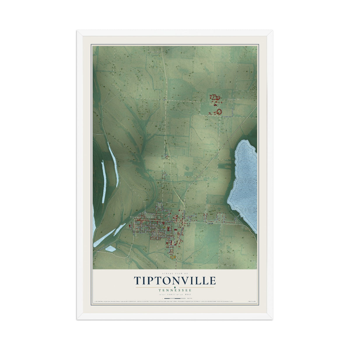 Map of Tiptonville, Tennessee, 12 x 18 inch print in a white wood frame
