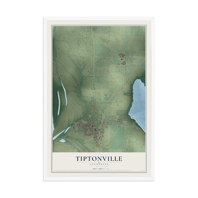 Map of Tiptonville, Tennessee, 12 x 18 inch print in a white wood frame