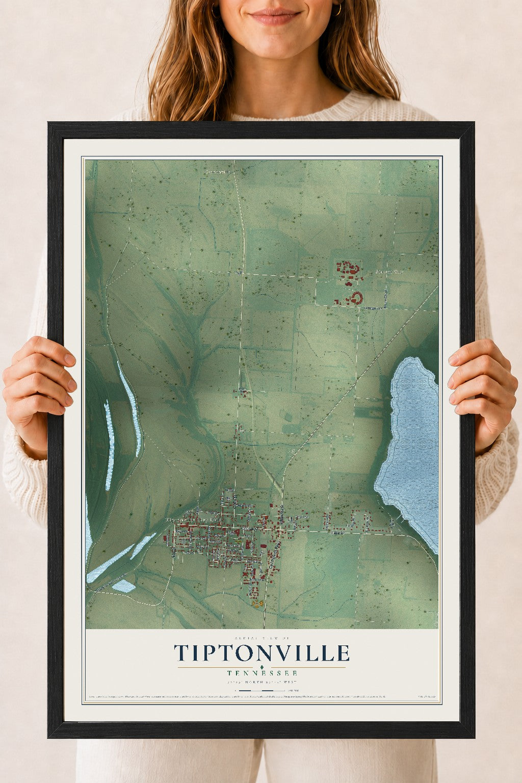 Map of Tiptonville, Tennessee, 18 x 24 inch print in a black wood frame